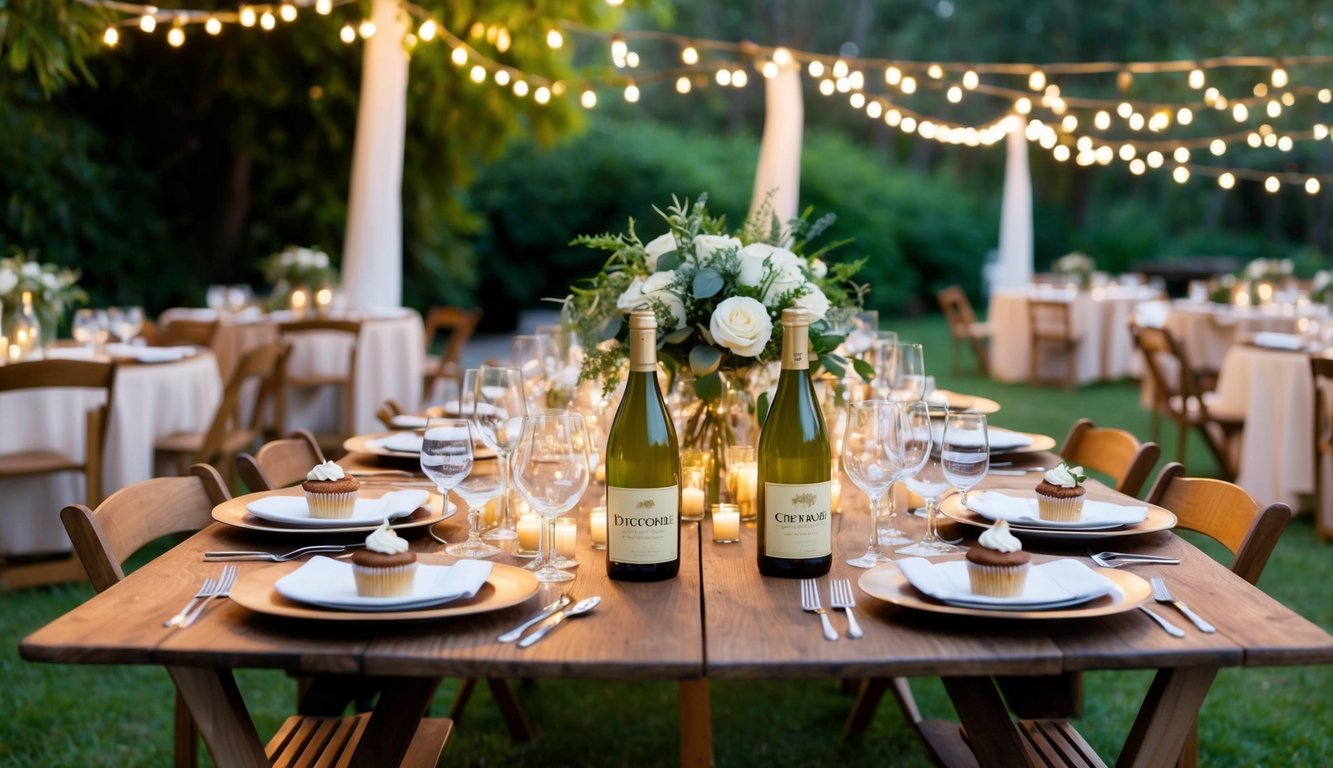 A rustic outdoor wedding reception with tables adorned with Cupcake Vineyards Chardonnay bottles and glasses, surrounded by lush greenery and twinkling lights