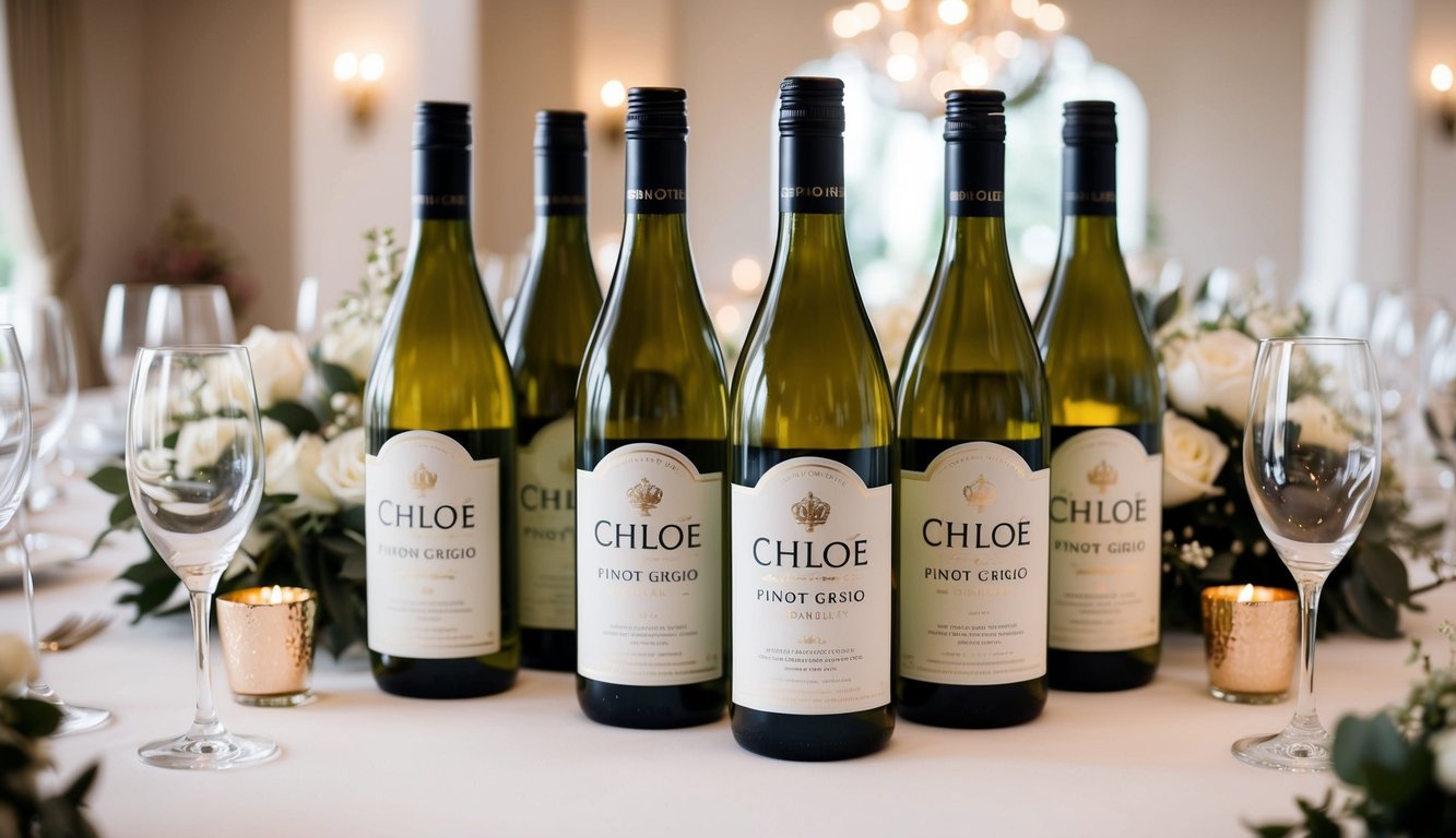 A table adorned with bottles of Chloe Pinot Grigio, surrounded by elegant wedding decor