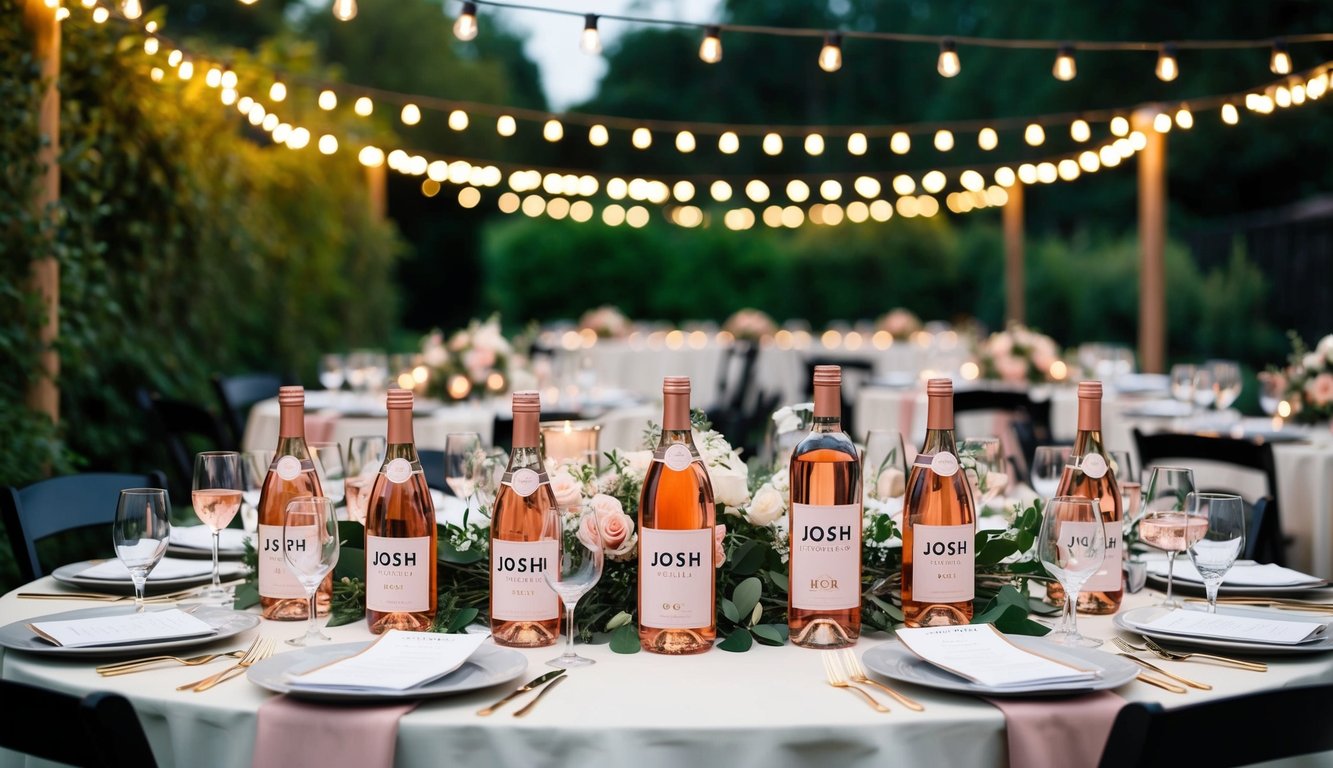 A romantic outdoor wedding reception with tables adorned with Josh Cellars Rosé bottles and glasses, surrounded by lush greenery and twinkling string lights