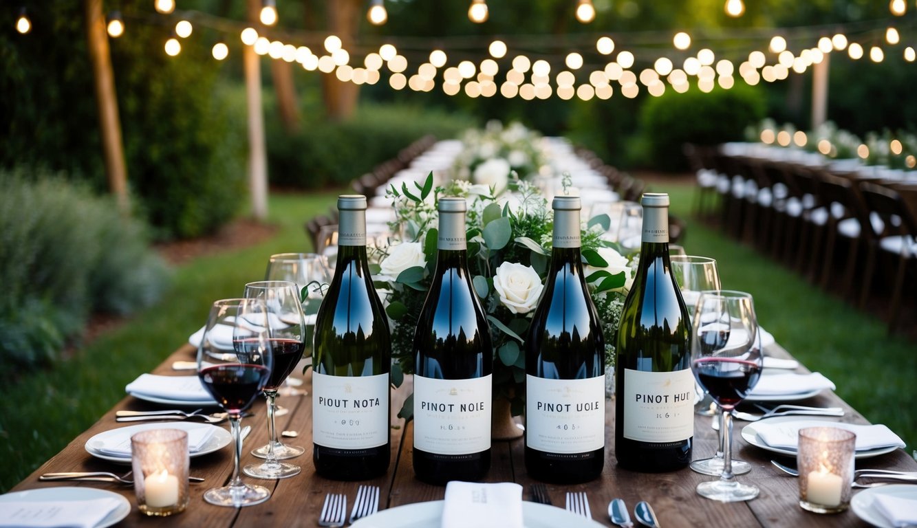 A rustic outdoor wedding with tables adorned with Barefoot Pinot Noir bottles and glasses, surrounded by lush greenery and twinkling string lights