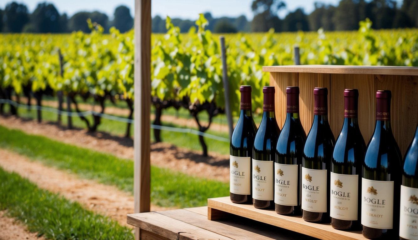 A rustic vineyard setting with rows of grapevines, a charming wine tasting area, and bottles of Bogle Vineyards Merlot displayed on wooden shelves