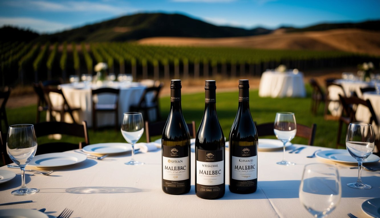 A rustic wedding reception with tables adorned with Kirkland Signature Malbec bottles, set against a backdrop of vineyards and rolling hills