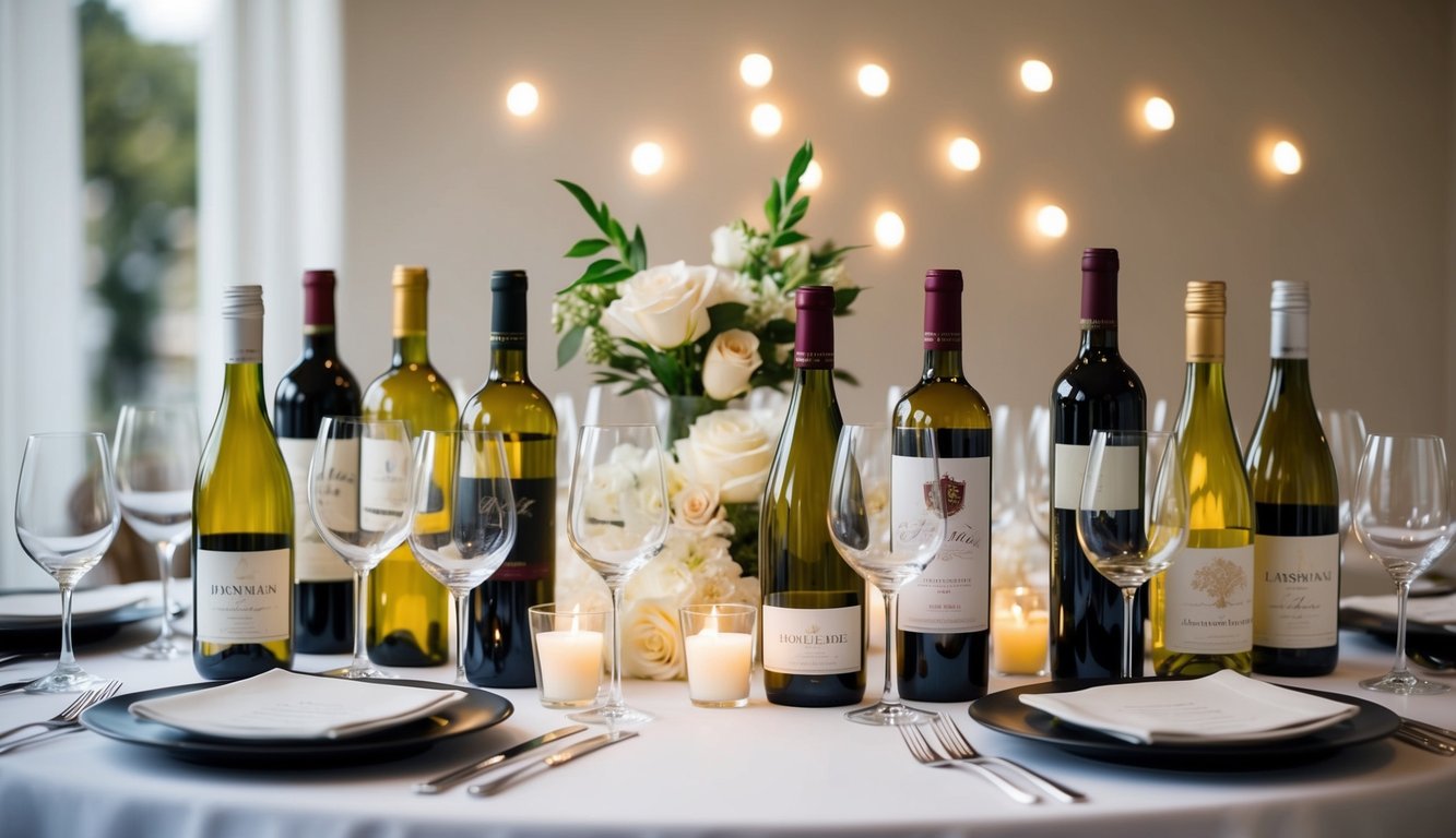 An elegant table setting with a variety of affordable wine bottles and wine glasses arranged neatly for a wedding celebration