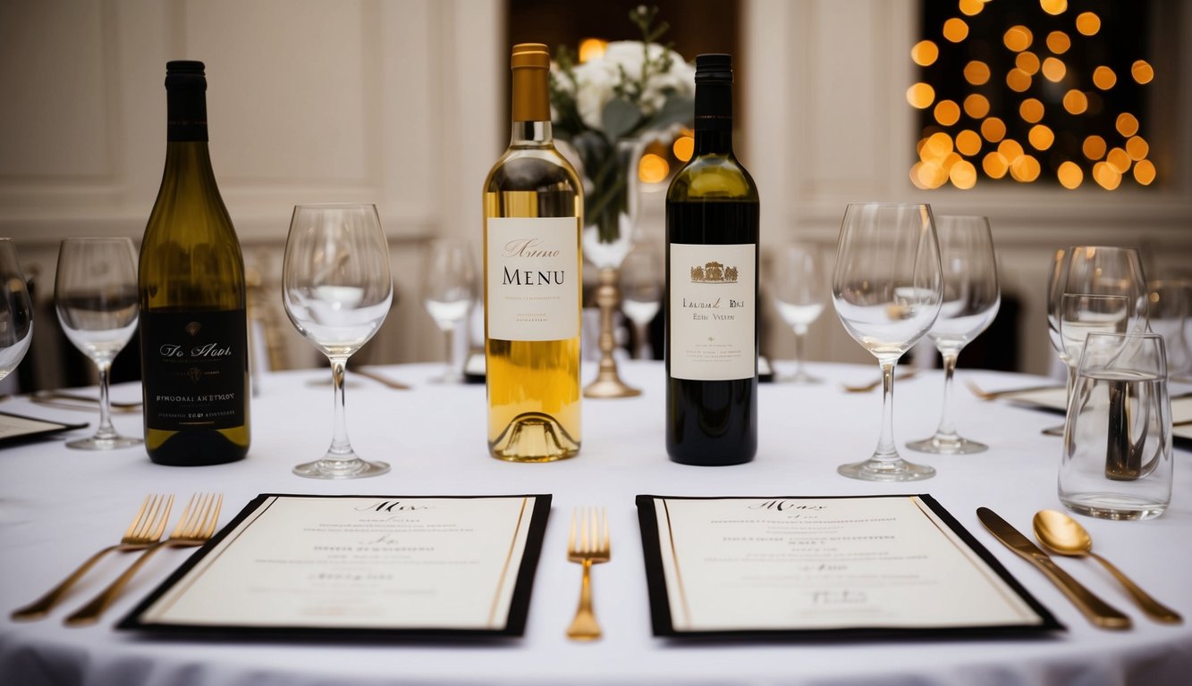 A table set with elegant wedding menus and affordable wine bottles for pairing