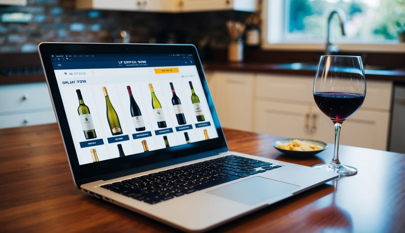 A laptop open on a kitchen table, displaying a variety of affordable wine options on an online store. A glass of red wine sits nearby