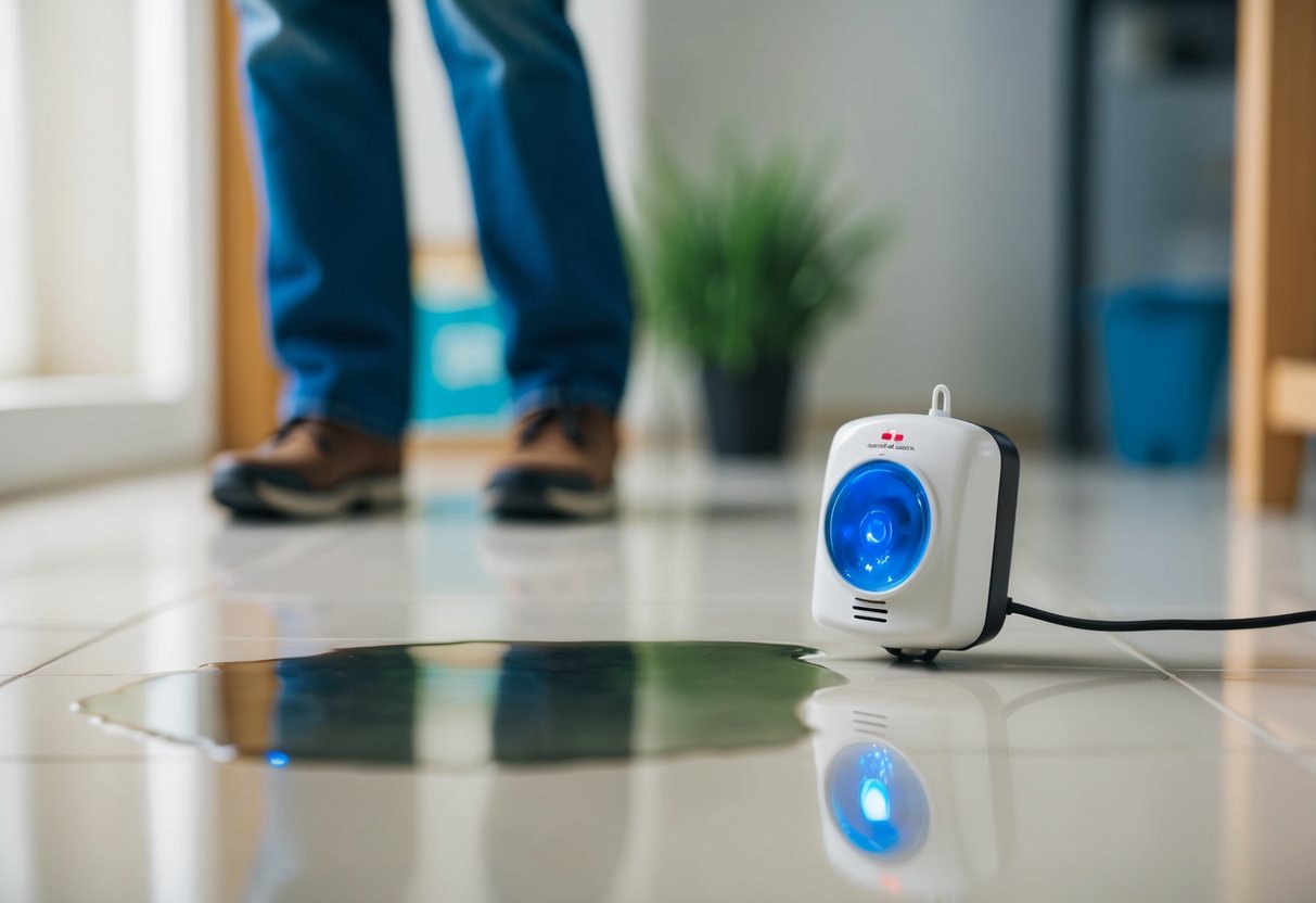 A water leak detector beeping next to a small puddle on the floor of a residential home