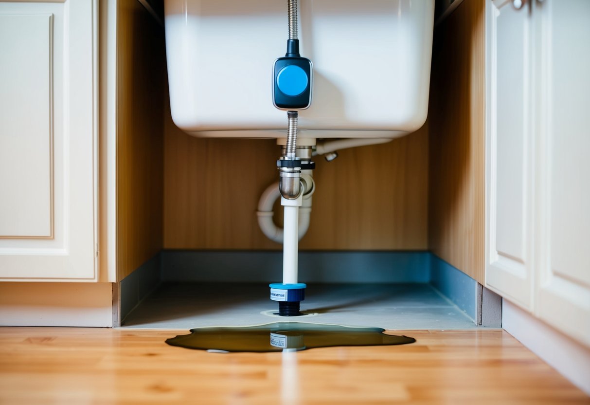 A modern water leak detector installed under a kitchen sink in a residential home, with a small puddle forming on the floor