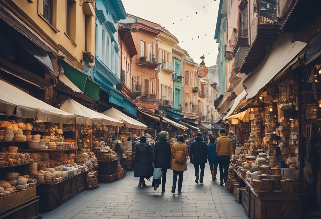 A bustling street lined with colorful storefronts, each displaying unique and locally-made souvenirs. Customers browse through shelves filled with traditional crafts and artwork