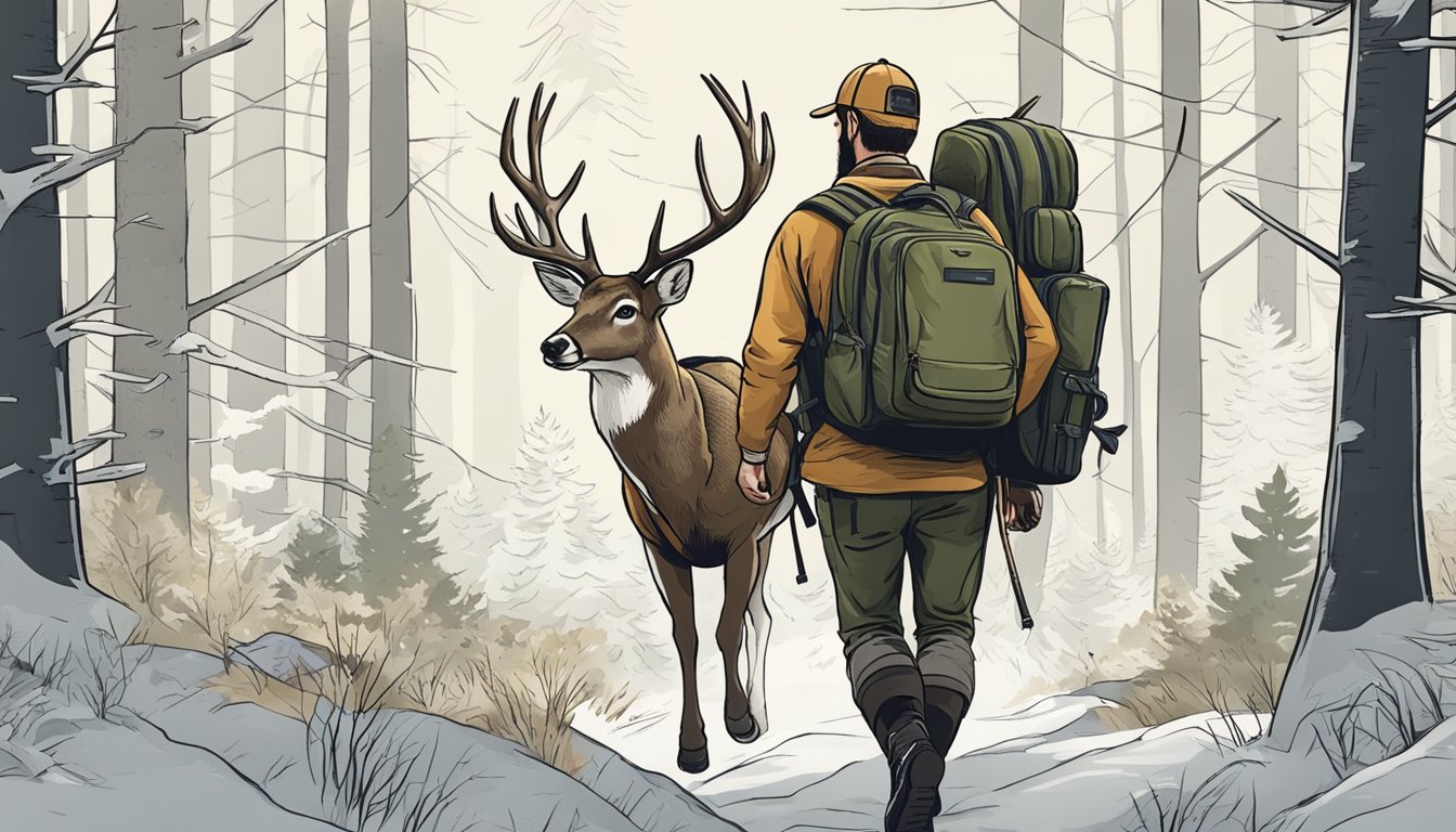 A hunter carrying a freshly caught deer through a forest, with a guidebook on game meat hygiene tucked into his backpack