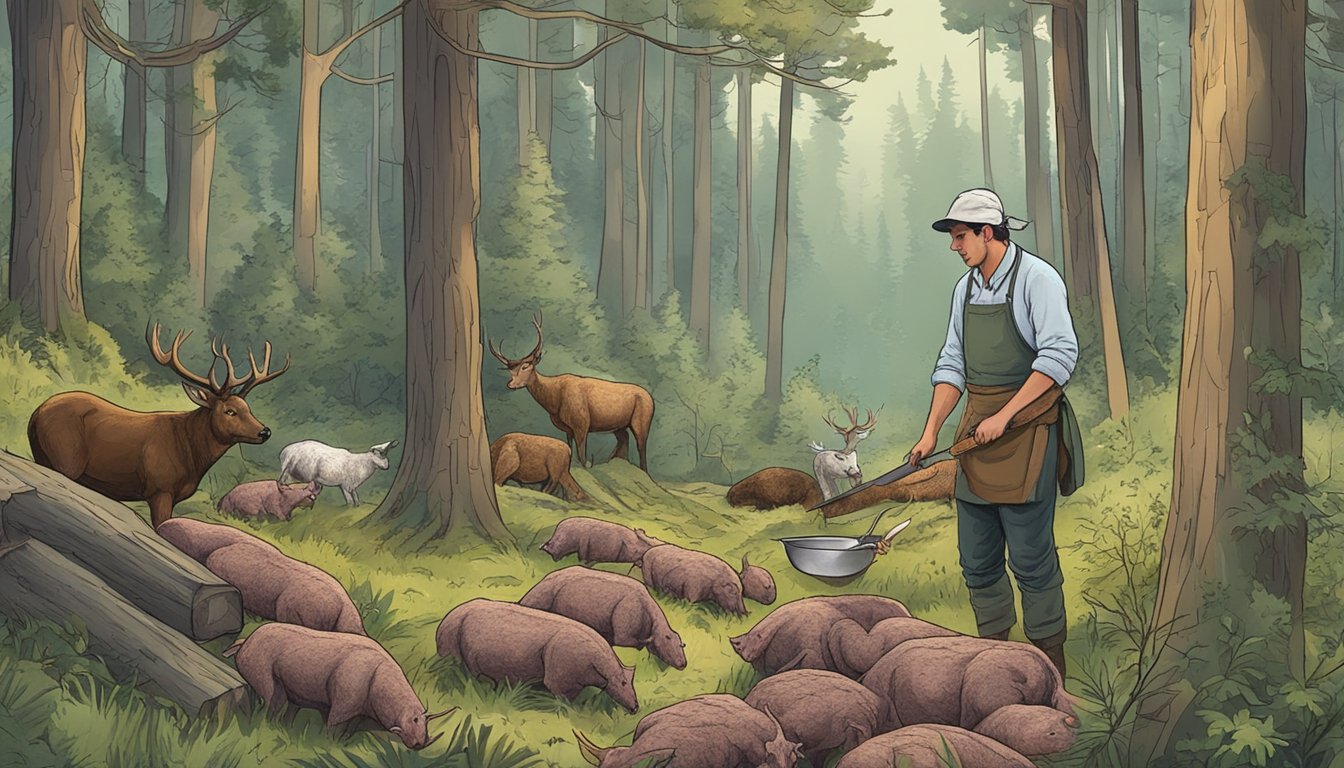 A forested landscape with a hunter gathering game meat, a butcher processing the meat, and a chef cooking a meal