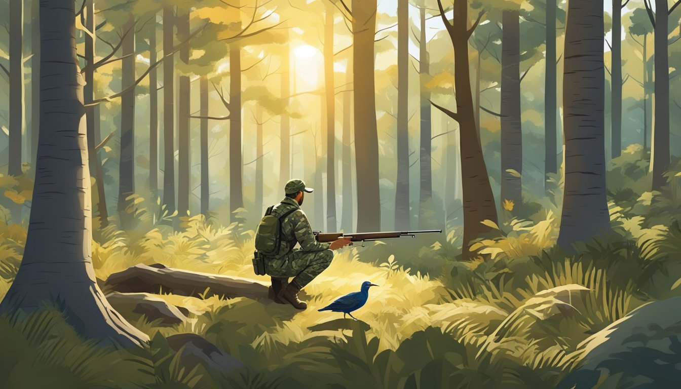 A hunter in camouflage gear carefully inspects a freshly caught game bird in a forest clearing, surrounded by tall trees and dappled sunlight