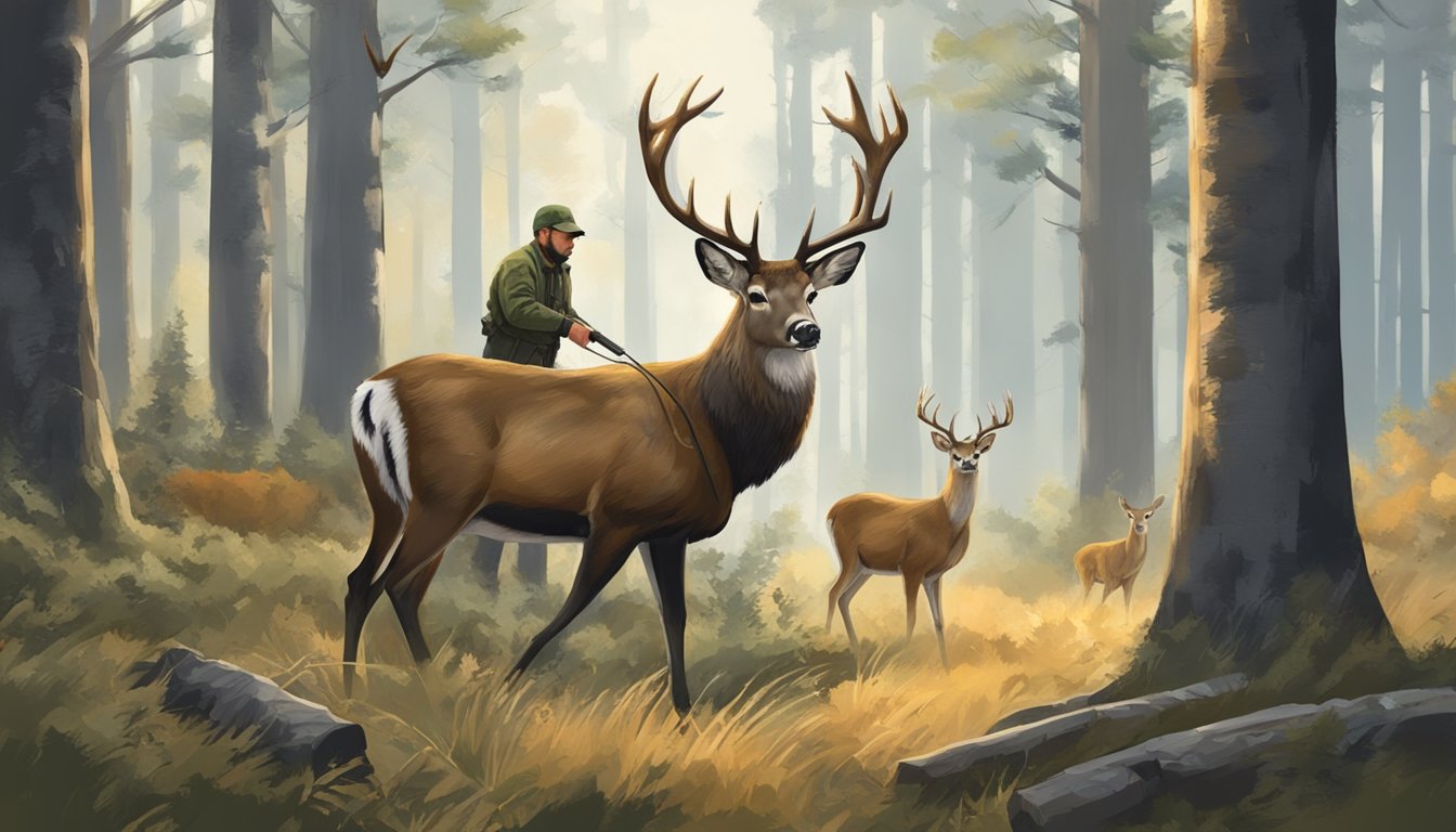 A hunter in the forest, field dressing a deer. Surrounding wildlife and trees