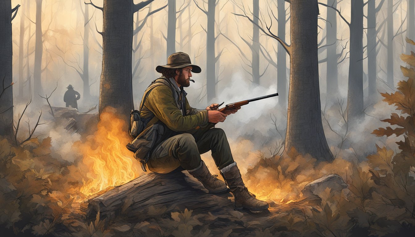 A hunter smoking a wild turkey over a smoldering fire in a forest clearing