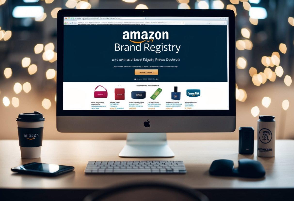 A computer with the Amazon Brand Registry website displayed on the screen, surrounded by various branded products and logos