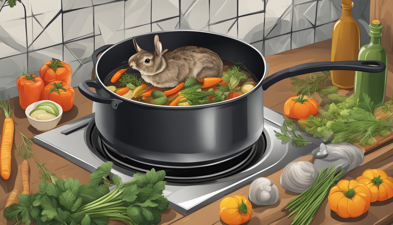 A rustic kitchen with a large pot simmering on a stove, filled with braising rabbit surrounded by fresh herbs and vegetables