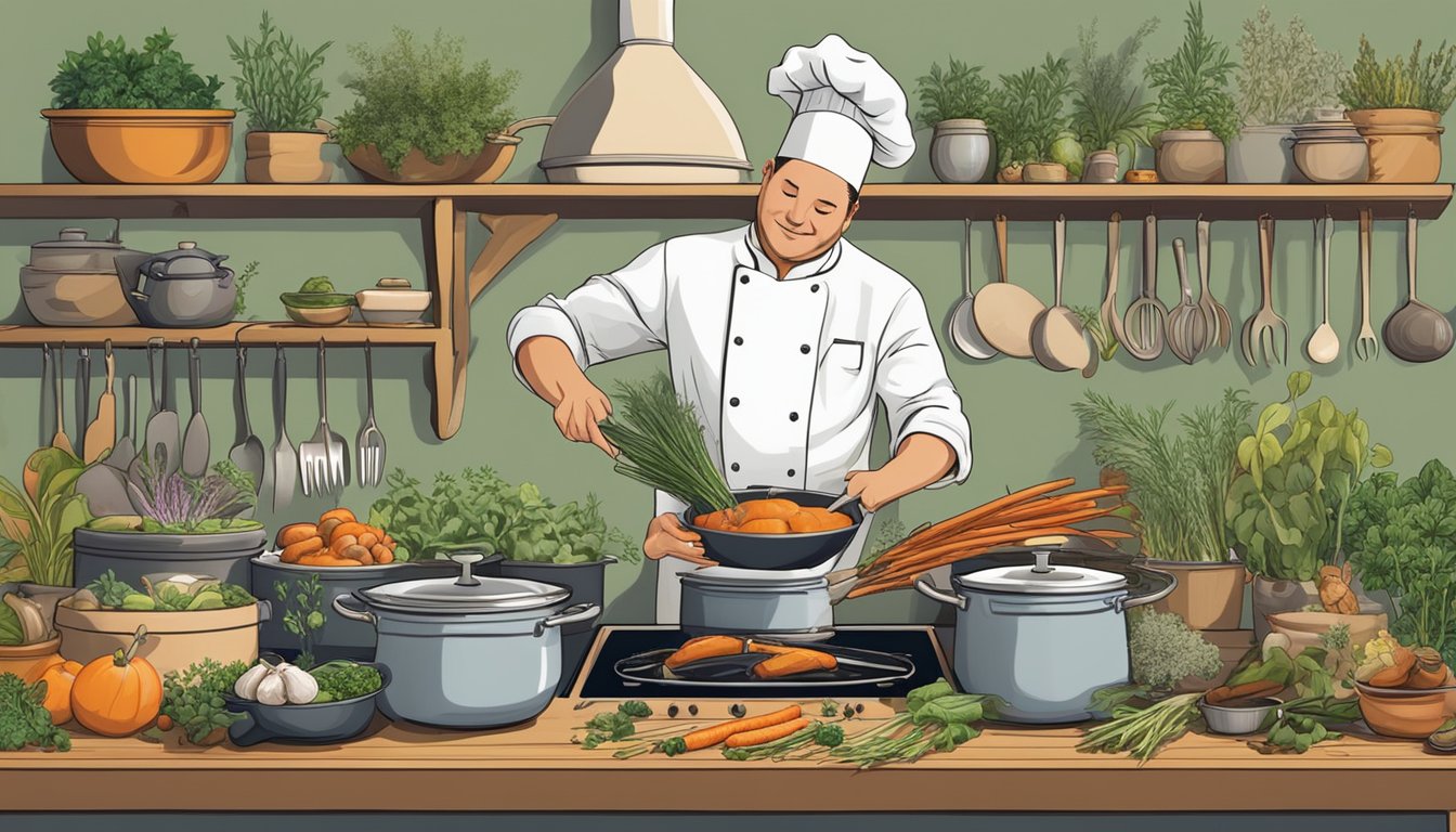 A chef braises a rabbit in a large pot on a stovetop, surrounded by various herbs, spices, and kitchen utensils