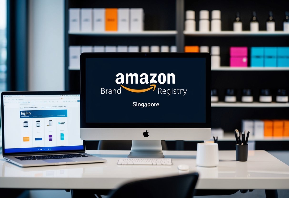 A sleek modern office setting with shelves of branded products and a computer displaying the Amazon Brand Registry website for Singapore