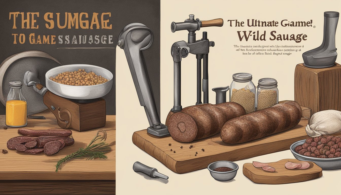 A rustic wooden table holds various meats, spices, and casings, while a meat grinder and sausage stuffer sit nearby. A book titled "The Ultimate Guide to Wild Game Sausage Making" is open to a page detailing the history and basics of sausage making