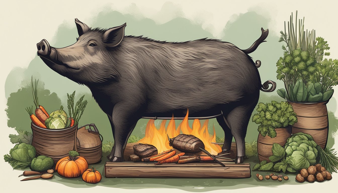 A wild boar roasting on a spit over an open flame, surrounded by various herbs and vegetables on a rustic outdoor cooking setup