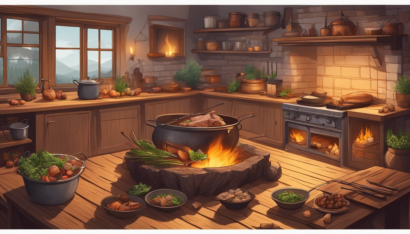 A rustic kitchen with a roaring fire, a large cauldron bubbling over the flames, and various wild boar cuts and ingredients laid out on a wooden table