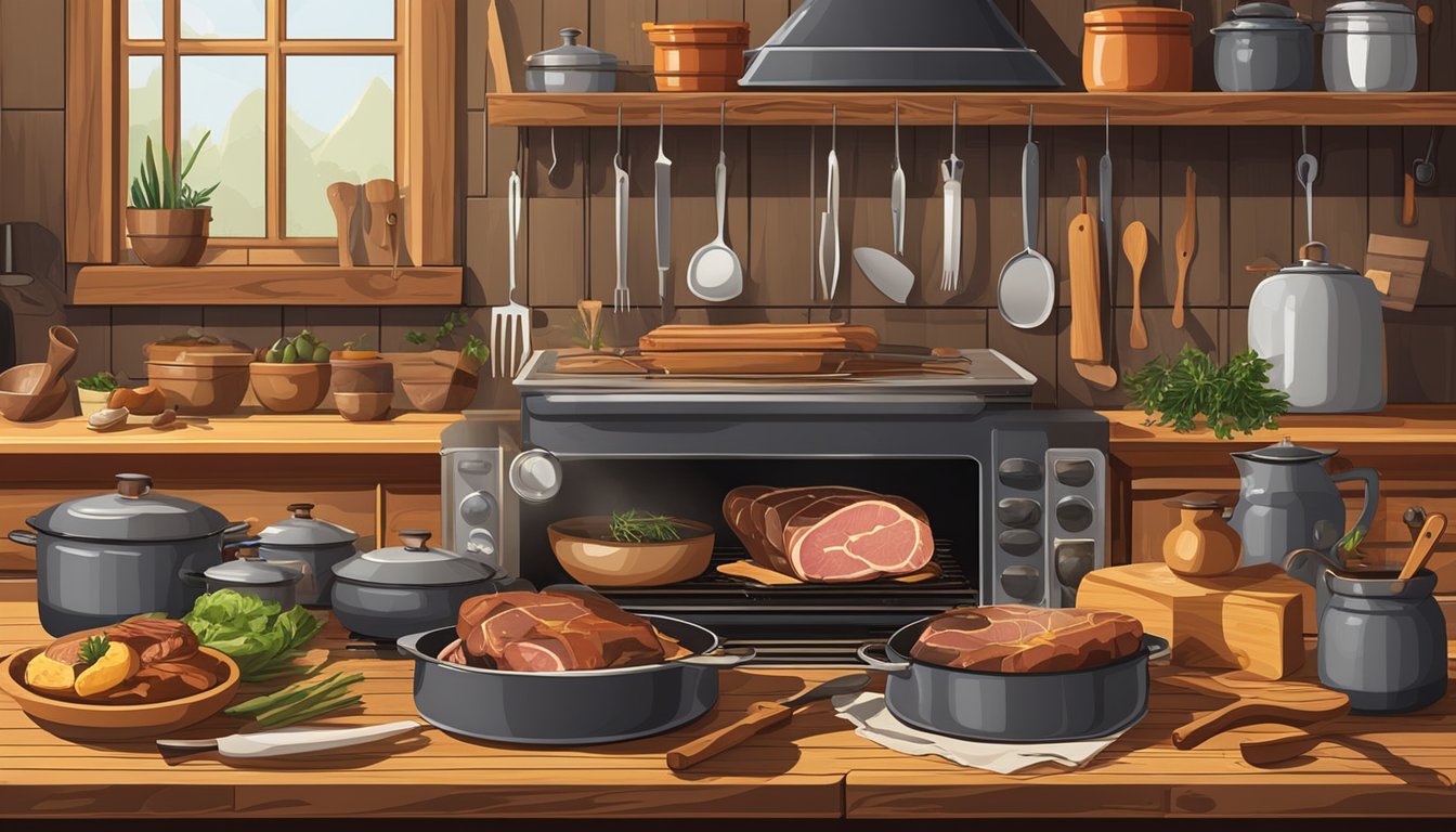 A rustic kitchen with a variety of game meats, cutting boards, and cooking utensils laid out on a wooden table. A pot simmering on the stove emits savory aromas