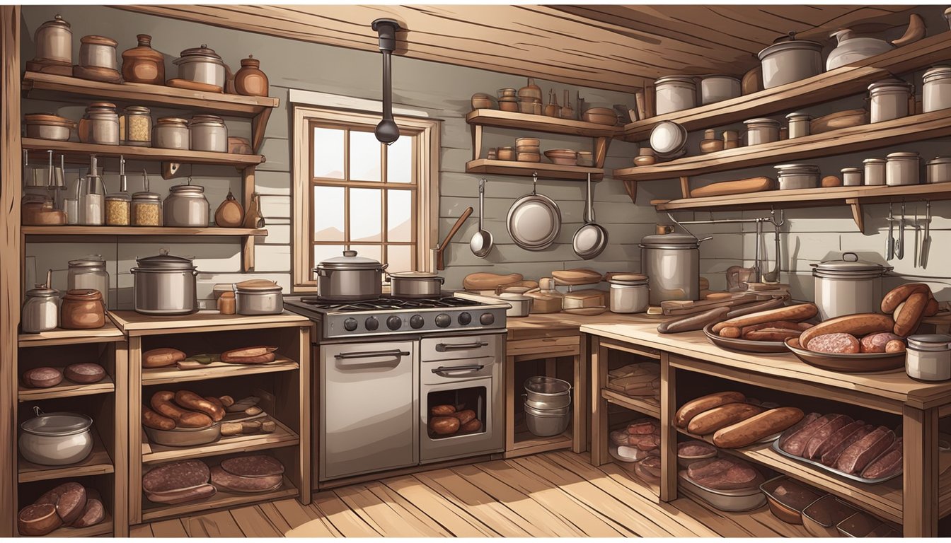 A rustic kitchen with a variety of wild game meats, spices, and equipment for sausage making. Shelves lined with jars of finished sausages and a large, steaming pot on the stove