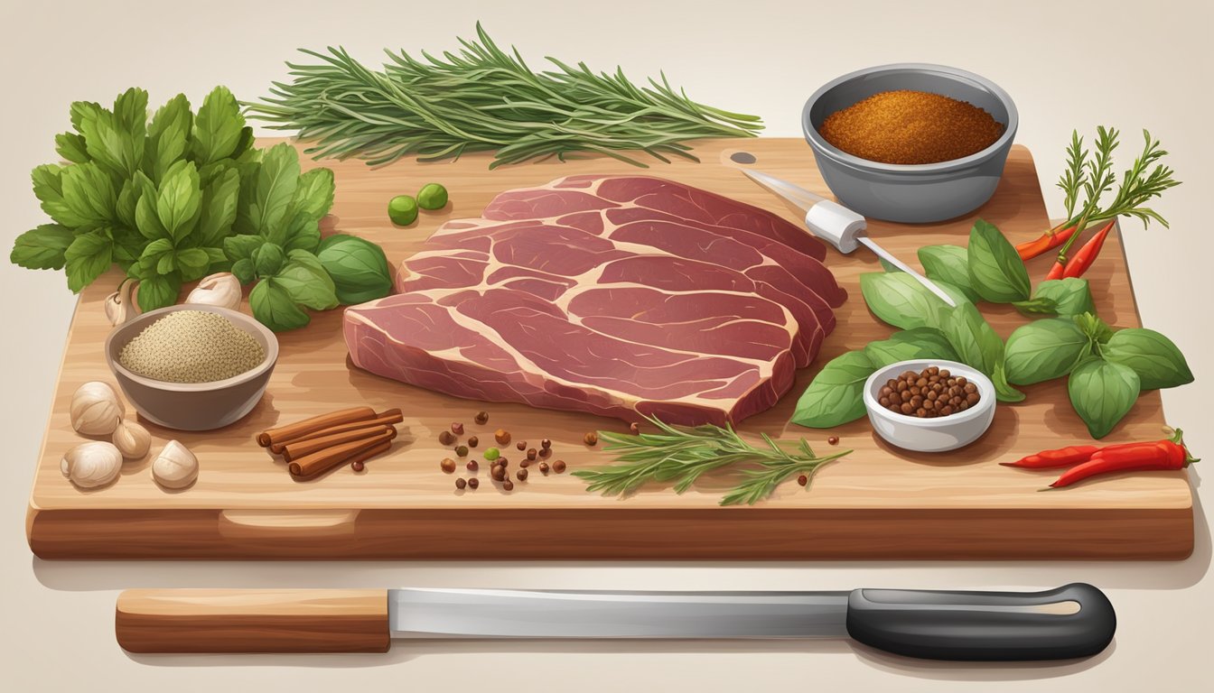 A cutting board with various game meats, a selection of herbs and spices, and a set of scientific measuring instruments