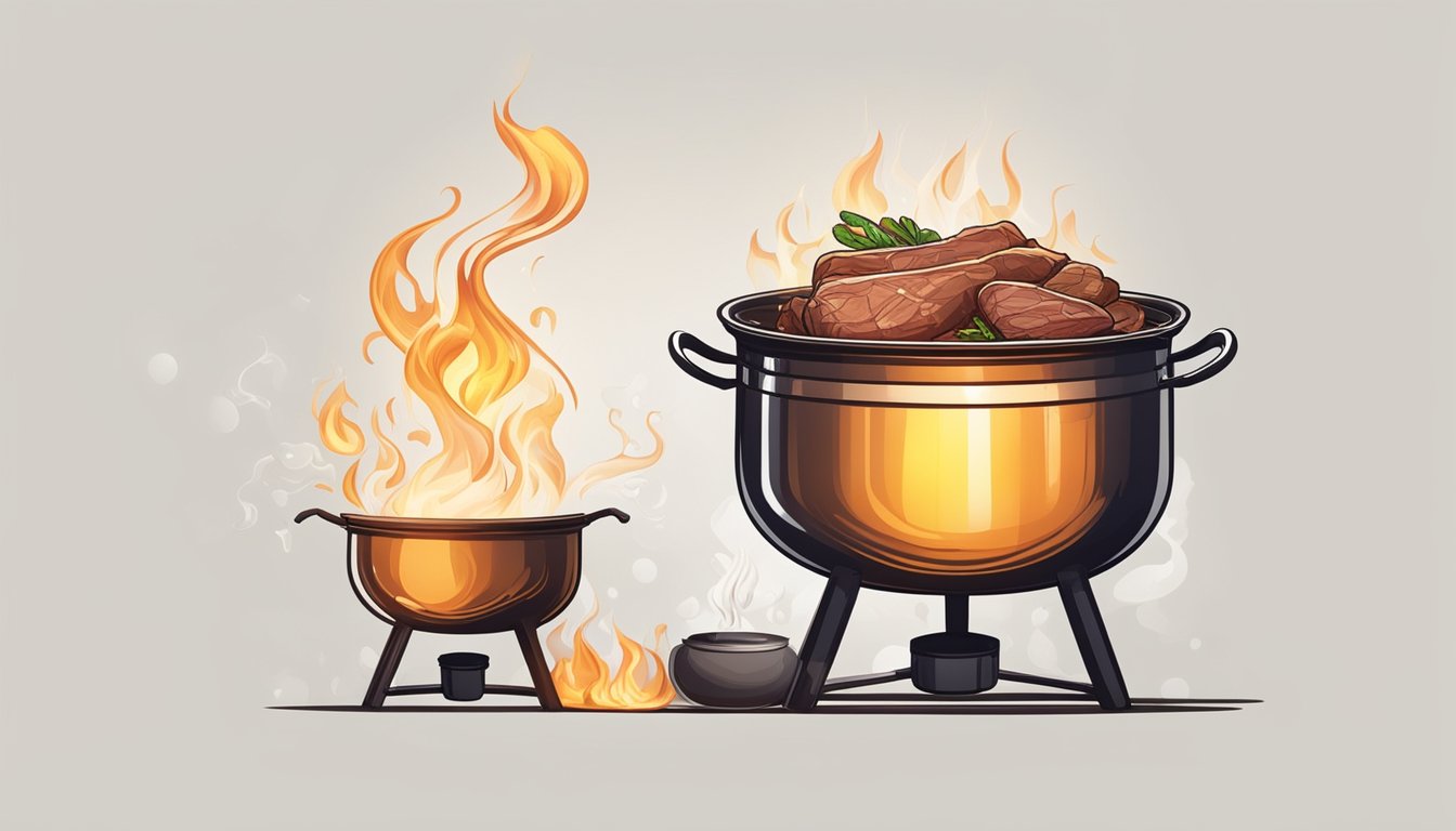 A pot of game meat simmers over a flame, emitting steam and releasing aromatic molecules into the air as the chemical reactions of cooking take place