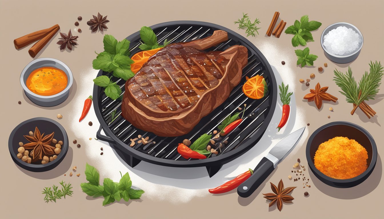 A sizzling piece of game meat on a hot grill, emitting aromatic vapors, surrounded by various herbs and spices