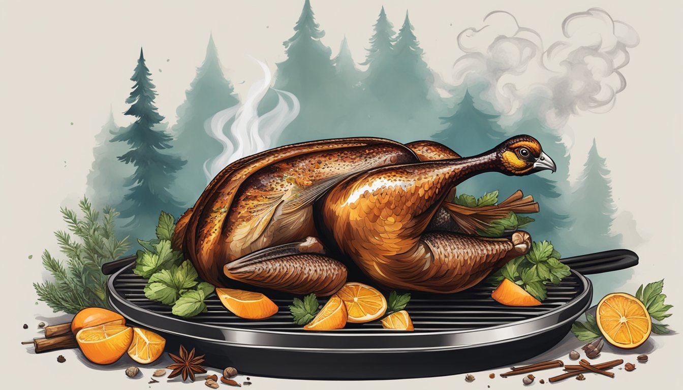 A grill sizzling with plump grouse, surrounded by aromatic herbs and spices, as smoke wafts up into the air