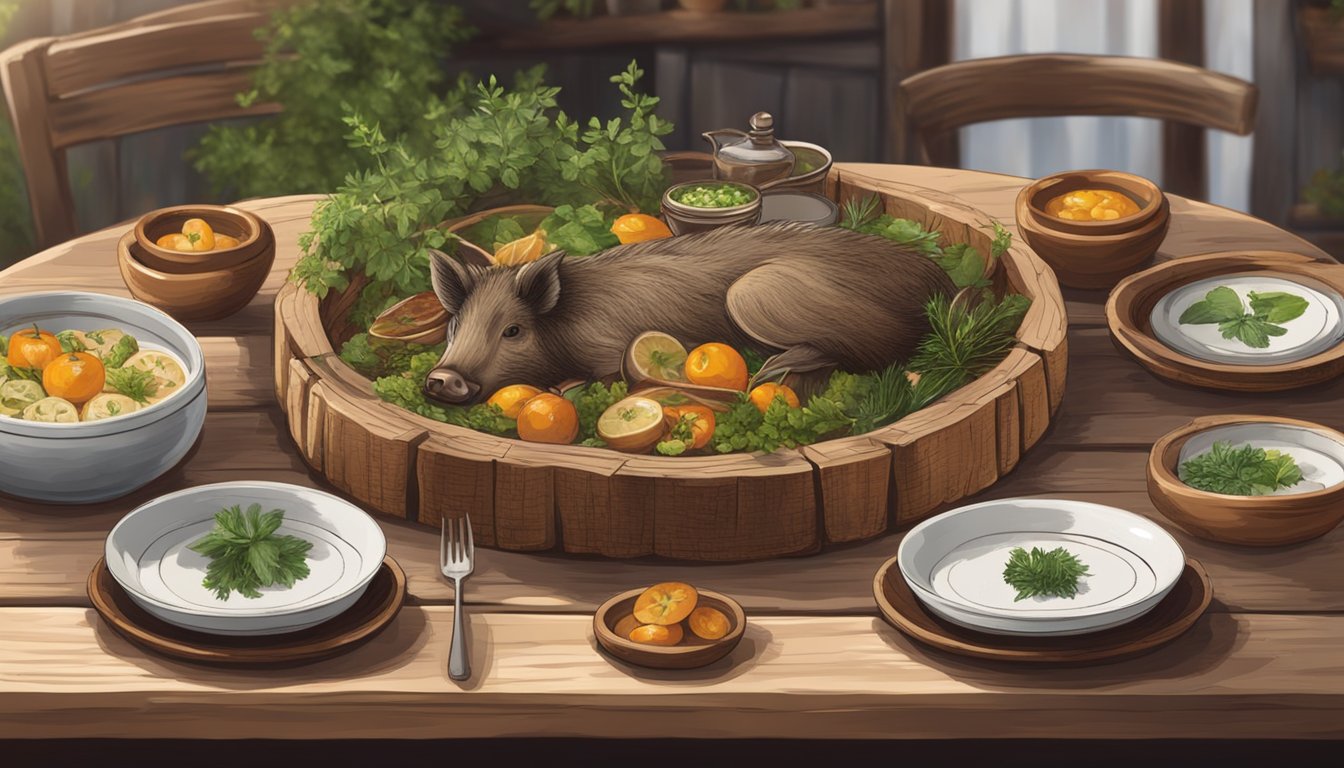 A rustic wooden table set with wild boar dishes, garnished with fresh herbs and served on artisanal pottery