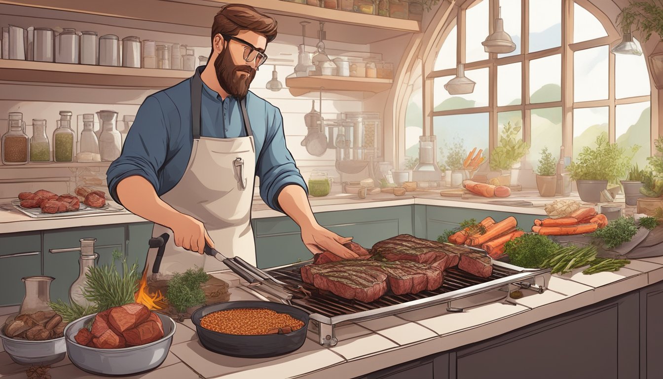 A hunter grilling game meat over an open flame, surrounded by various herbs and spices, with a scientific diagram of meat chemistry in the background