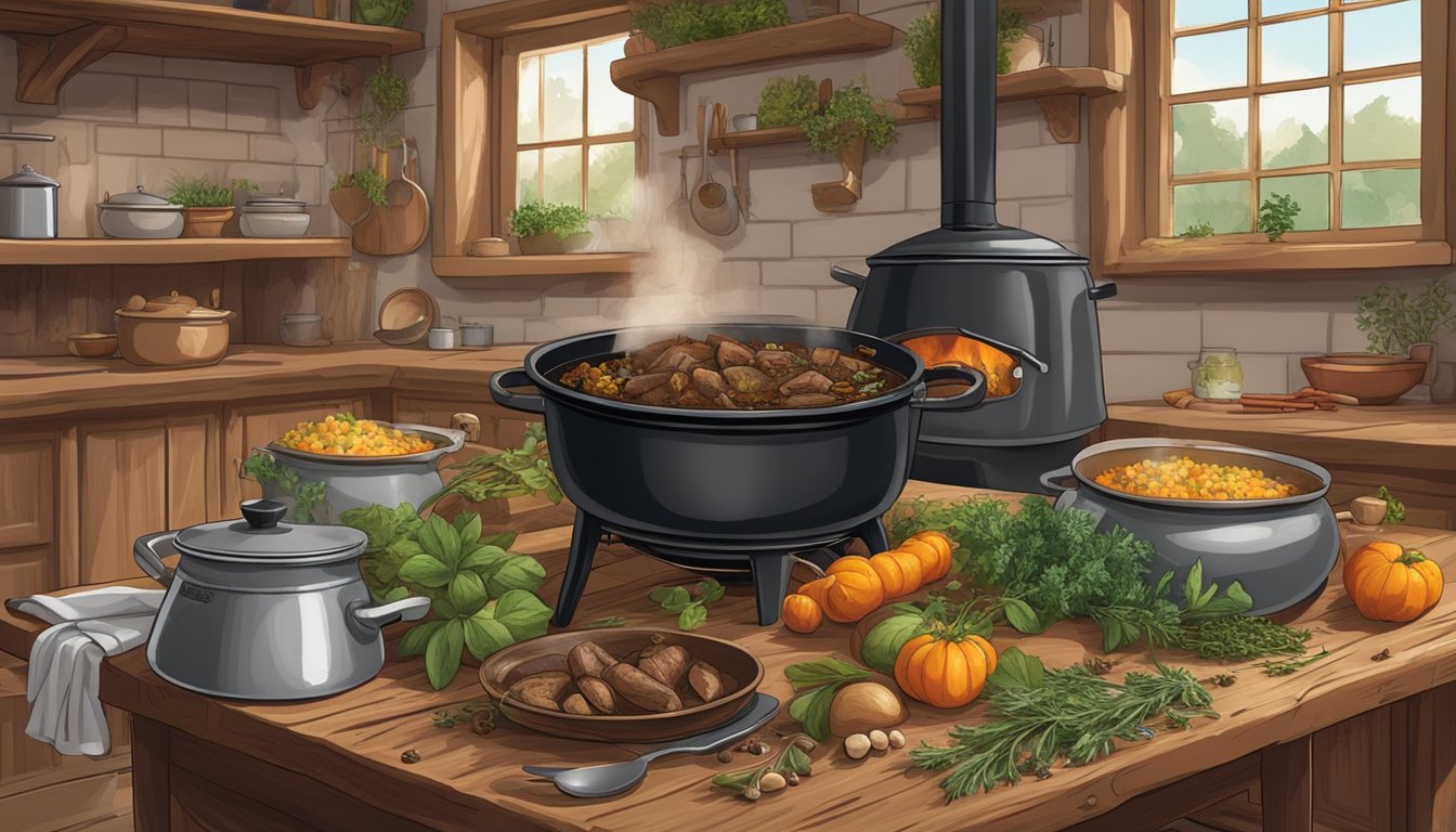 A rustic kitchen with a cast iron pot simmering wild boar stew on a wood-burning stove, surrounded by foraged herbs and spices