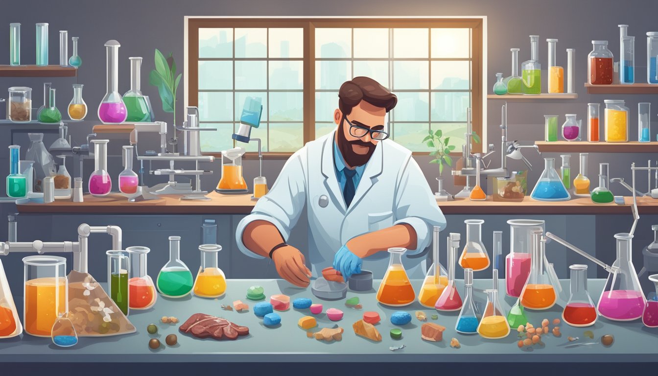 A scientist in a lab, surrounded by beakers, test tubes, and various chemical compounds. A piece of game meat is being analyzed under a microscope