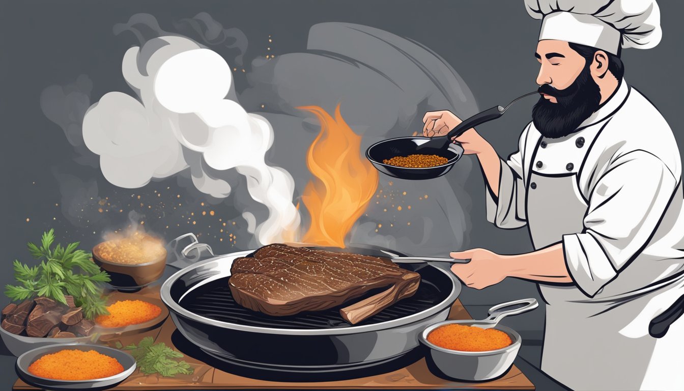 A chef seasoning and searing a venison steak in a sizzling hot pan, with steam rising and the aroma of herbs and spices filling the air