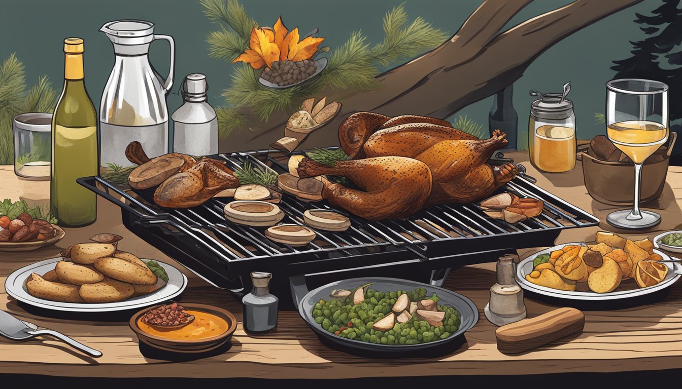 A grouse grilling over hot coals, with various side dishes and accompaniments arranged around it on a rustic outdoor table