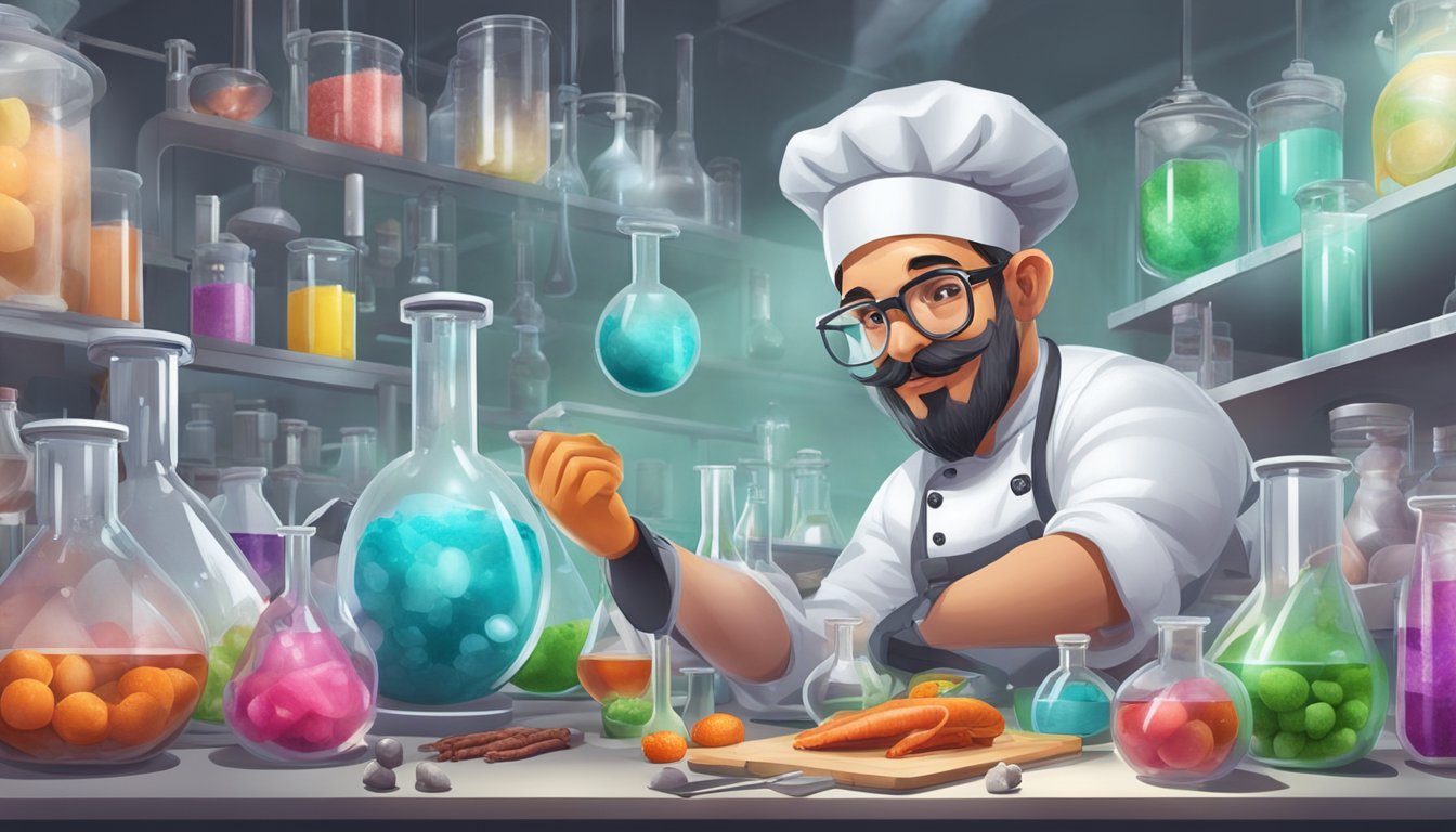 A chef in a laboratory setting, experimenting with various game meats and chemical compounds, surrounded by beakers, test tubes, and scientific equipment