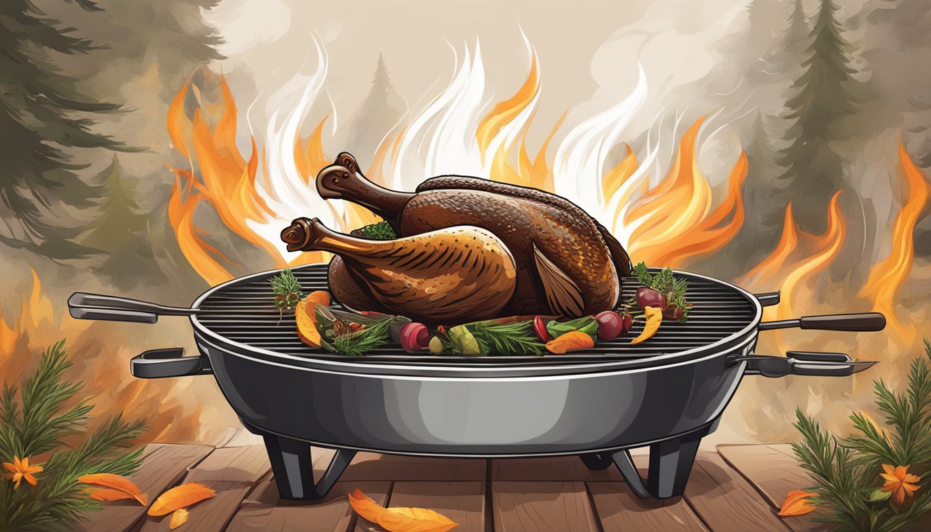 A grill with a sizzling grouse cooking over the flames, surrounded by herbs and spices, emitting a mouth-watering aroma