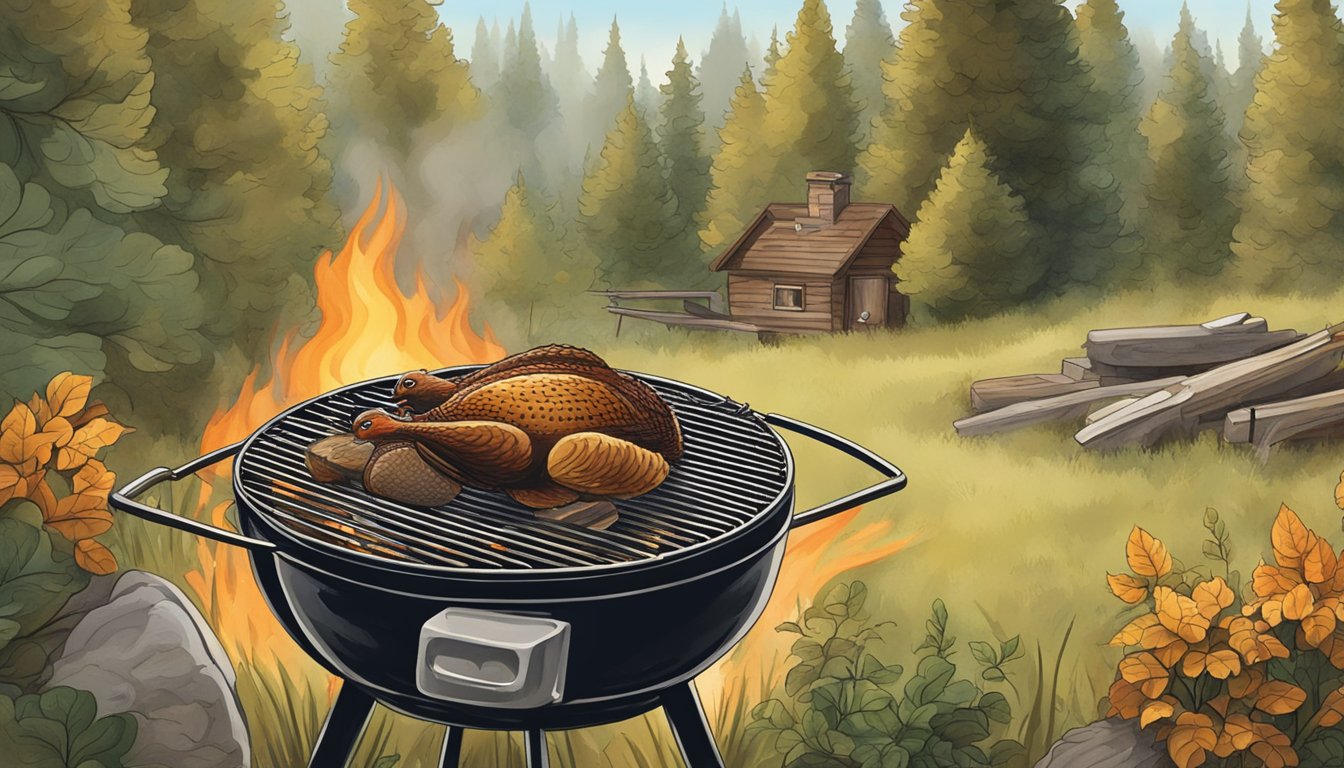 A rustic outdoor scene with a grill surrounded by trees and bushes, with a plump grouse sizzling over the flames