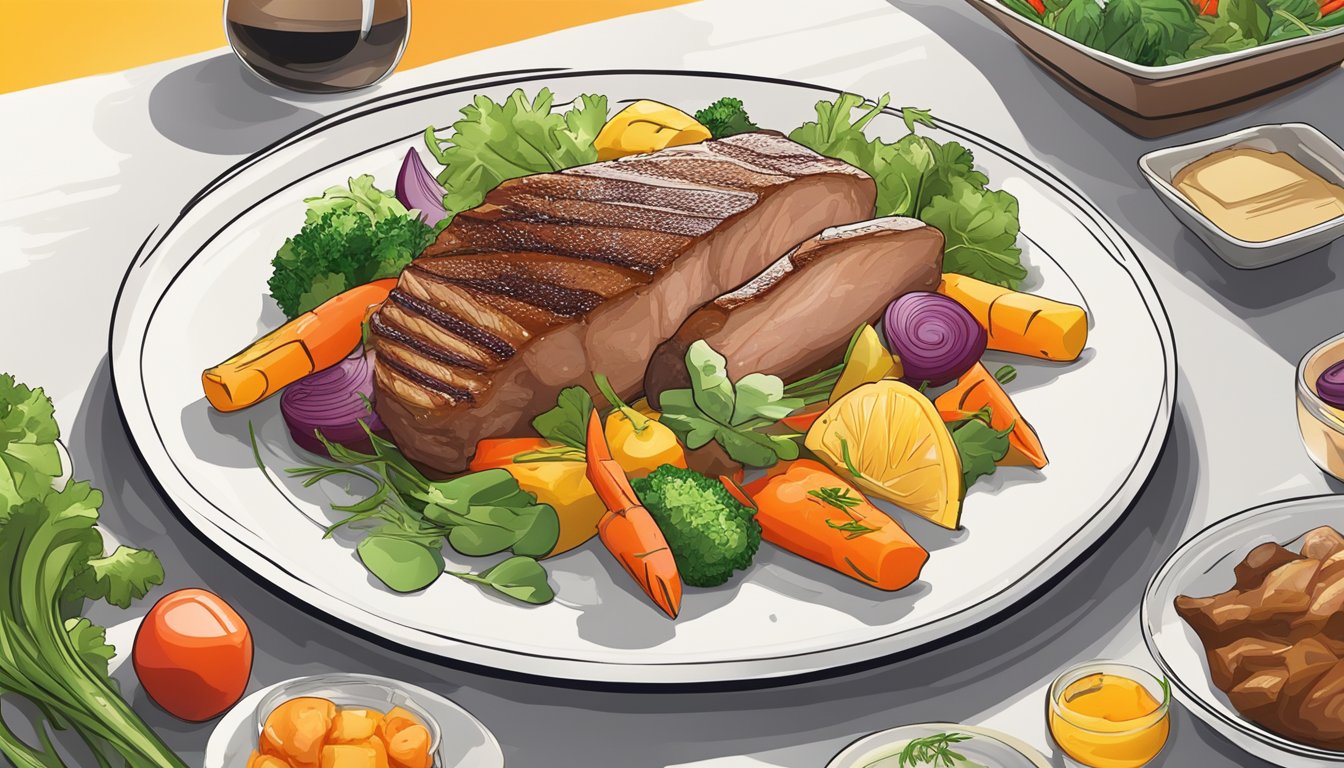 A sizzling duck breast on a white plate, surrounded by vibrant, colorful vegetables and garnished with fresh herbs, with a golden-brown sear on the outside and a perfect medium-rare center