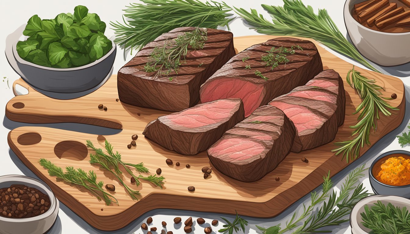 A wooden cutting board with venison steaks, surrounded by fresh herbs, spices, and a bowl of marinade