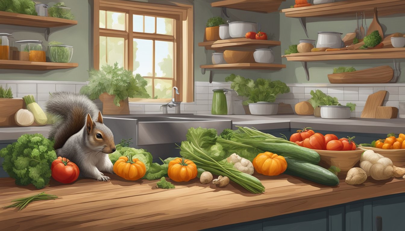 A rustic kitchen counter displays a variety of fresh vegetables, herbs, and a skinned squirrel, ready for preparation into a hearty stew