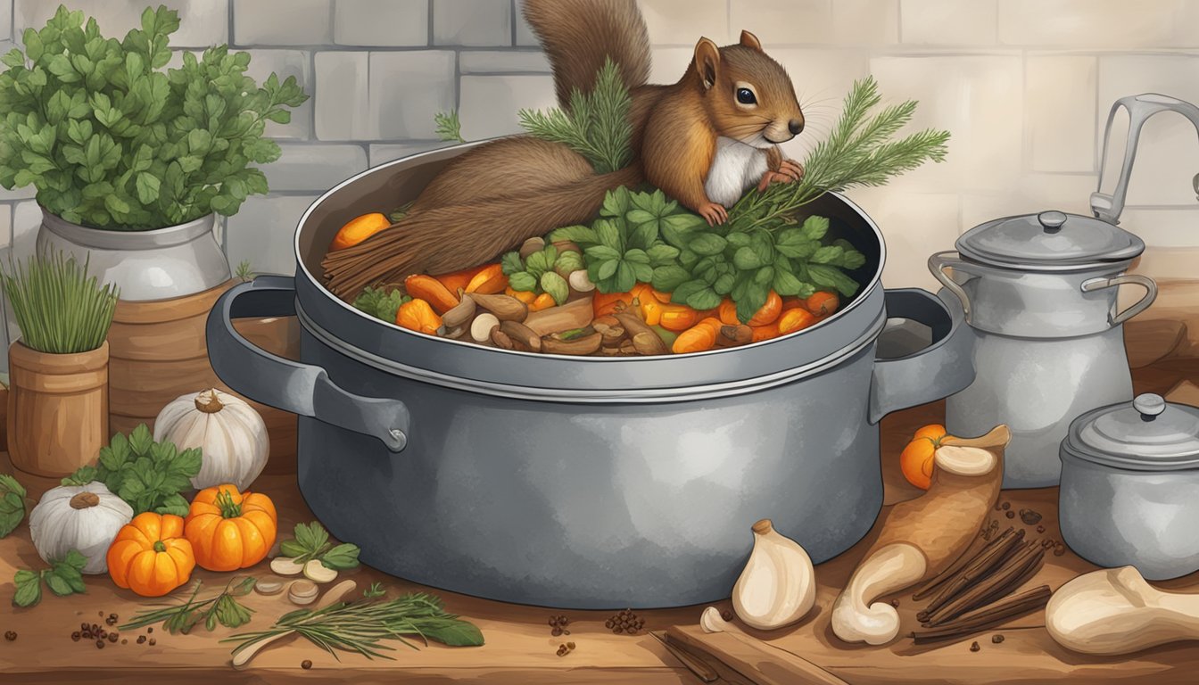 A rustic kitchen with a bubbling pot of squirrel stew surrounded by an array of herbs, spices, and cooking utensils