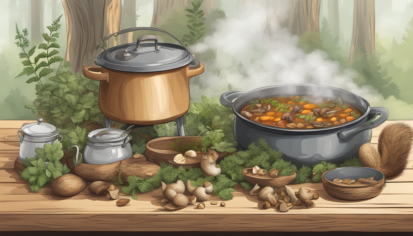 A rustic wooden table set with a steaming pot of squirrel stew, surrounded by foraged herbs and wild mushrooms