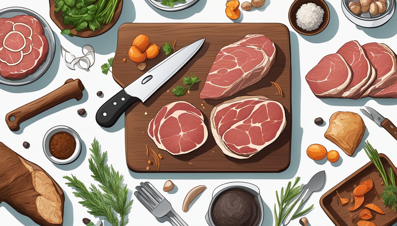 A chef's knife slicing through a perfectly cooked piece of wild game meat, surrounded by precision cooking tools and equipment