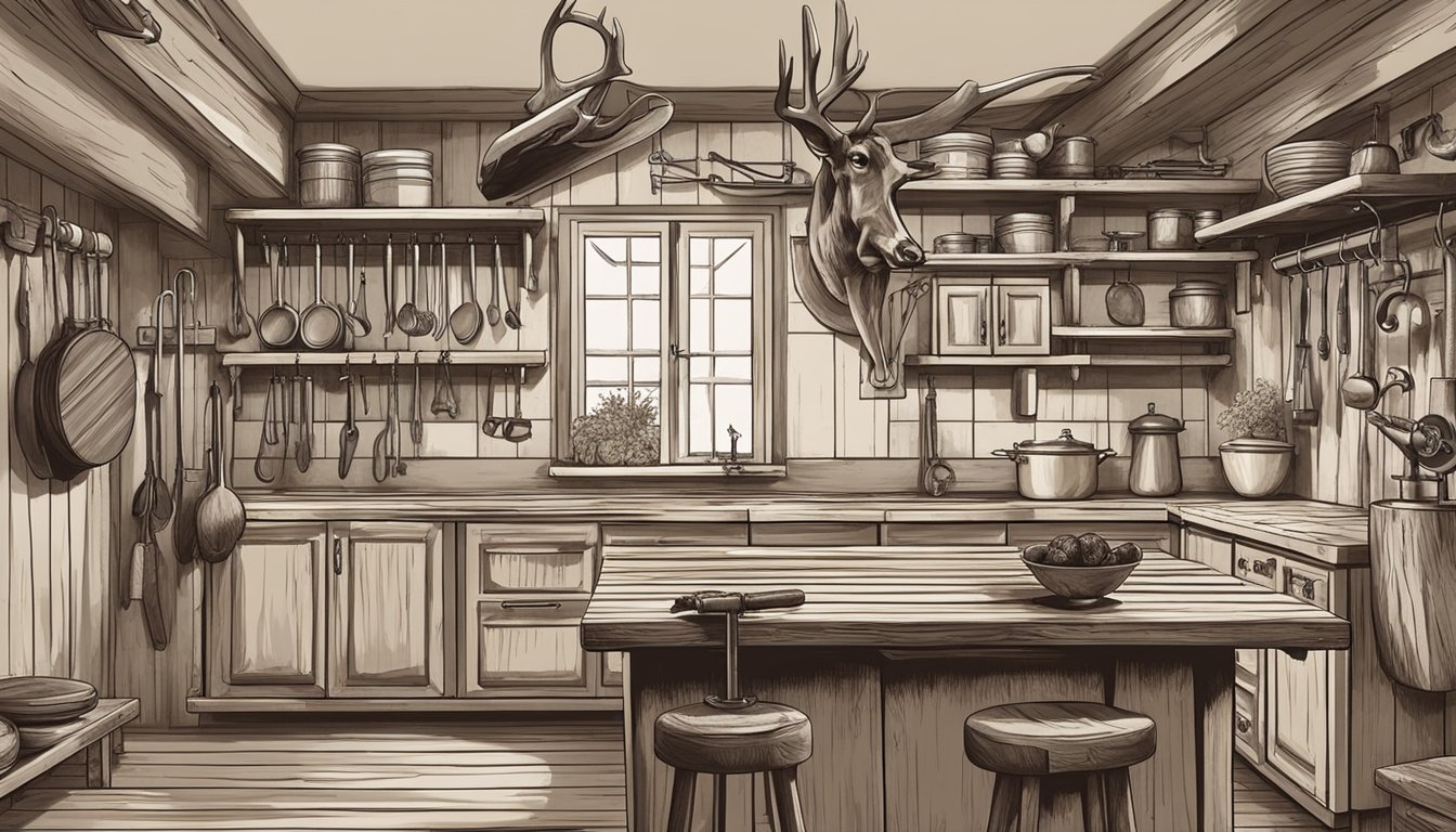 A rustic kitchen with a butcher block, meat grinder, and various knives hanging on the wall. A deer carcass hangs from a hook, ready for processing