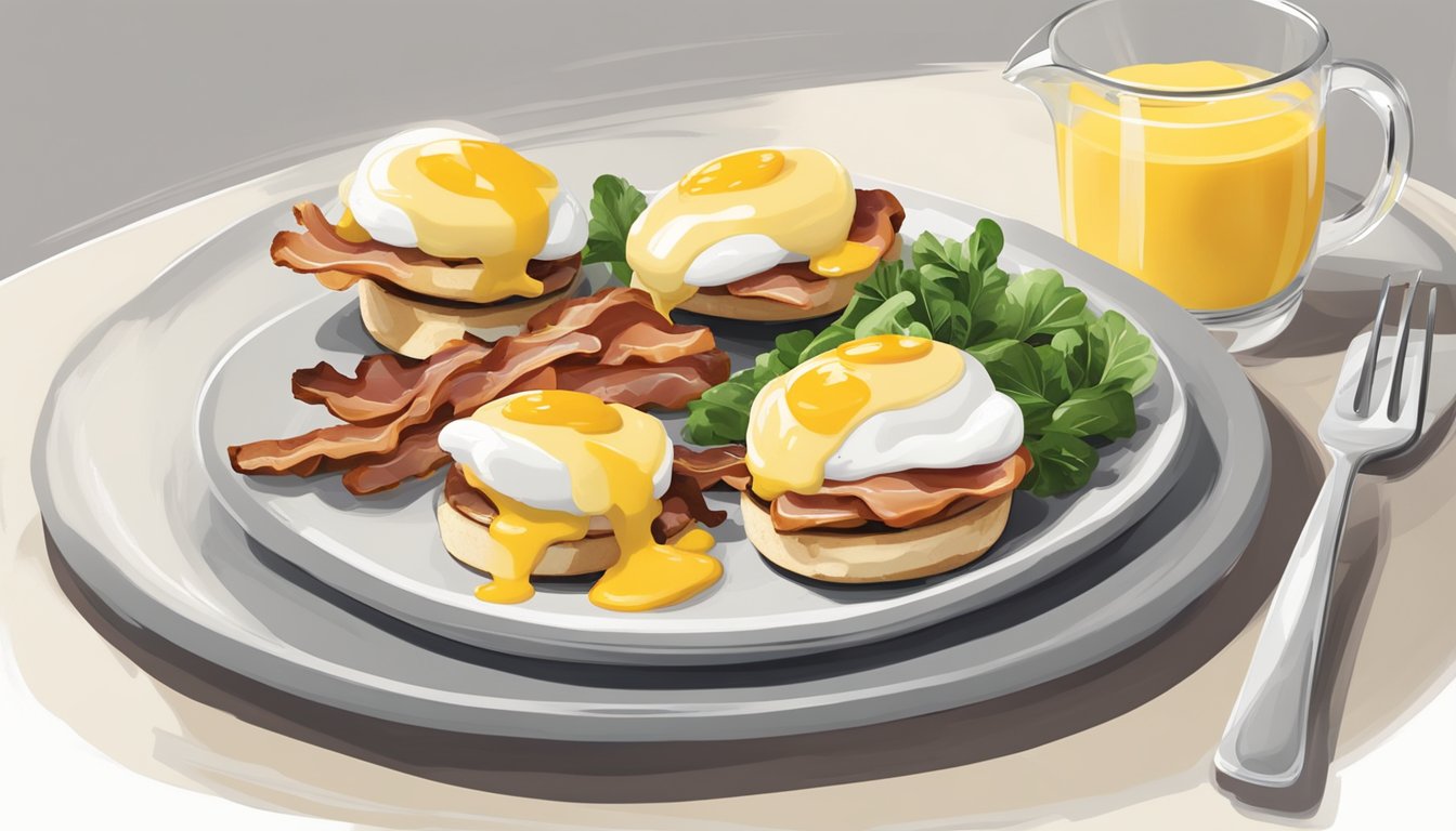 A beautifully plated quail eggs Benedict dish with a gourmet twist, featuring perfectly poached quail eggs, crispy bacon, and rich hollandaise sauce atop a toasted English muffin