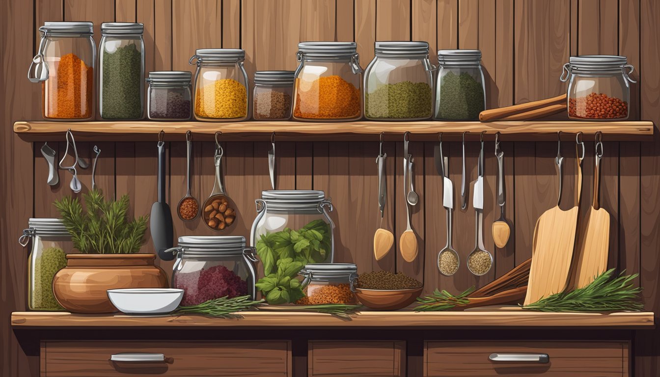 A rustic kitchen with hanging game meat, knives, and cooking utensils on a wooden wall rack. A shelf displays jars of preserved spices and herbs