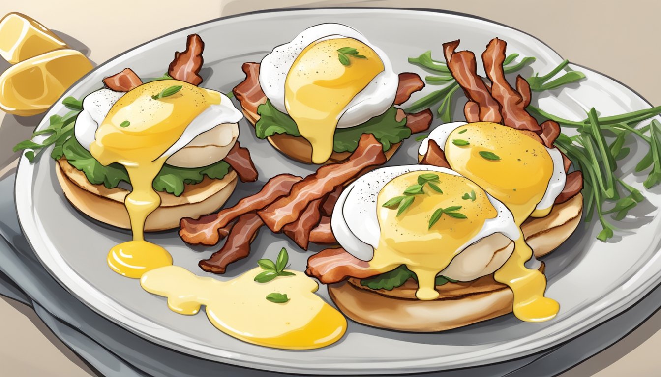 A beautifully plated Quail Eggs Benedict dish with poached quail eggs, crispy bacon, and hollandaise sauce drizzled over a toasted English muffin