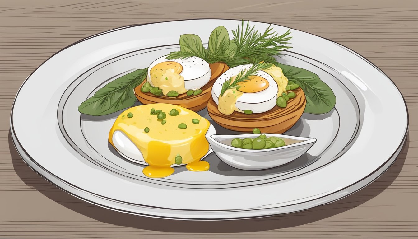 A quail egg benedict dish with gourmet ingredients and potential substitutes, set on a stylish plate with a garnish